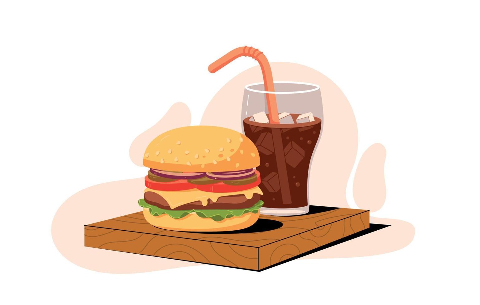 Cola in glass and burger on wooden board isolated on white vector