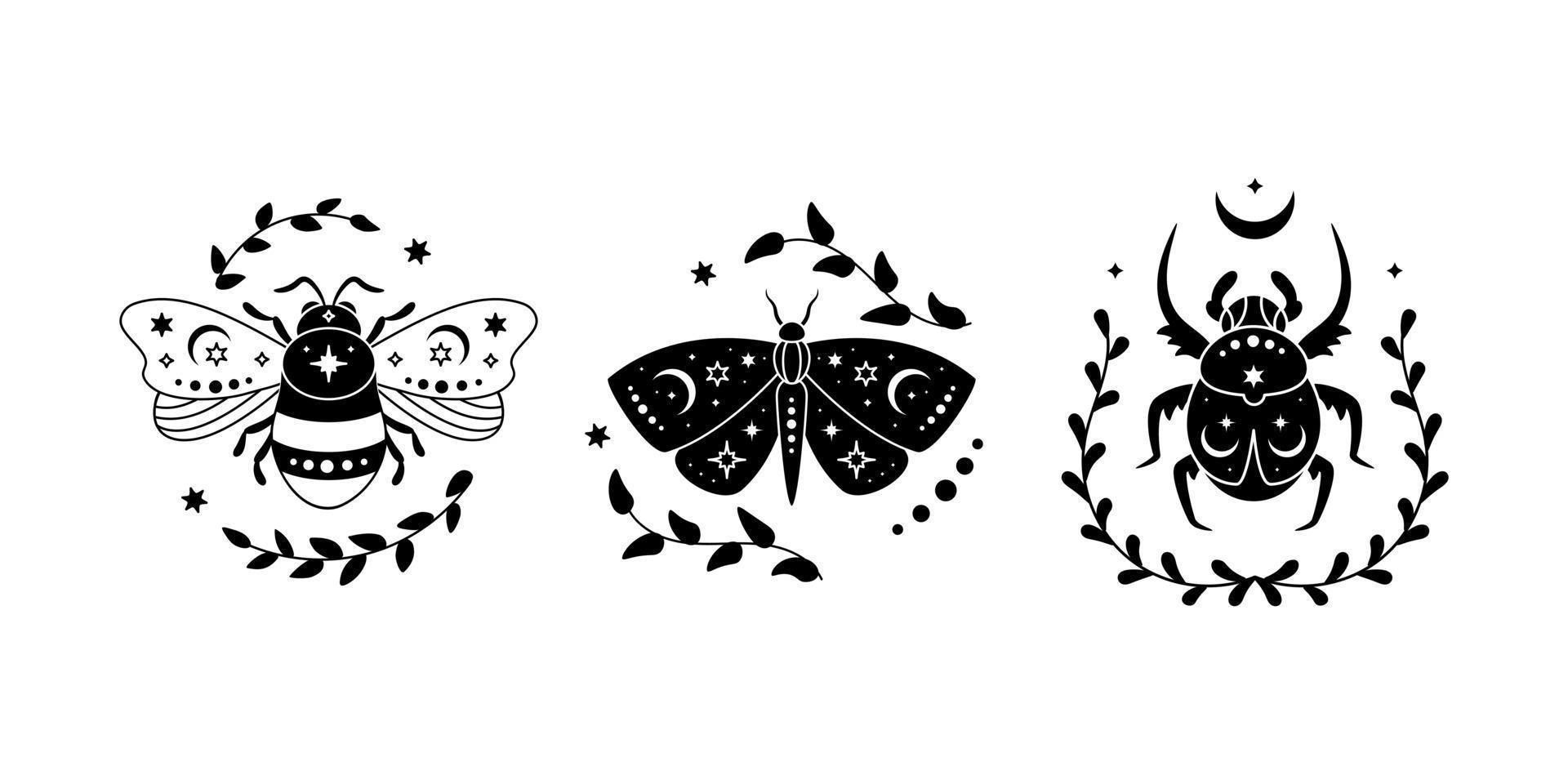 conjunto de ilustración vectorial de mariposa celestial, abeja y bicho con hojas. insecto mágico de la vendimia vector