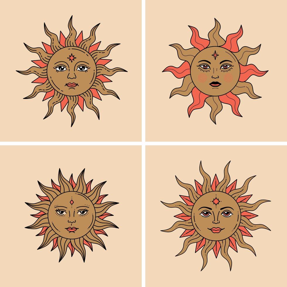 Set of boho mystic and celestial suns with faces. Vector color and line collection.