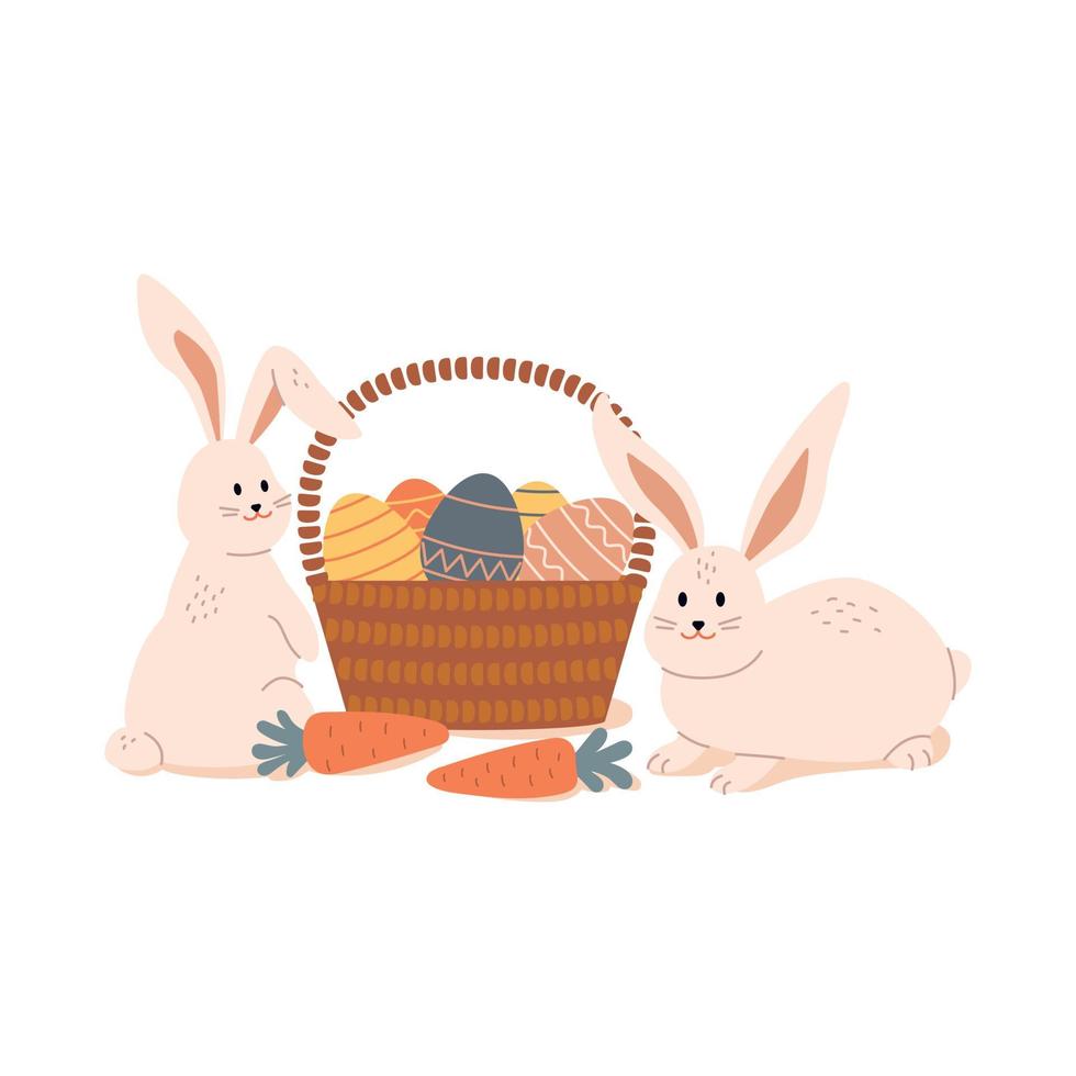 Happy Easter composition. Vector illustration of cute rabbits with basket with eggs