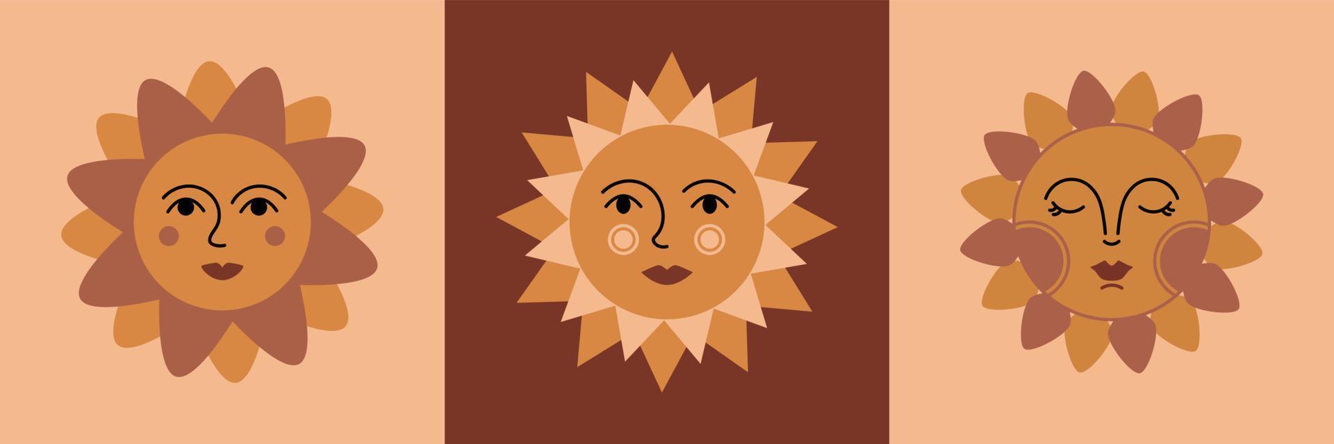 Colorful abstract set of three Suns with face. Ethnic style. Bohemian collection vector