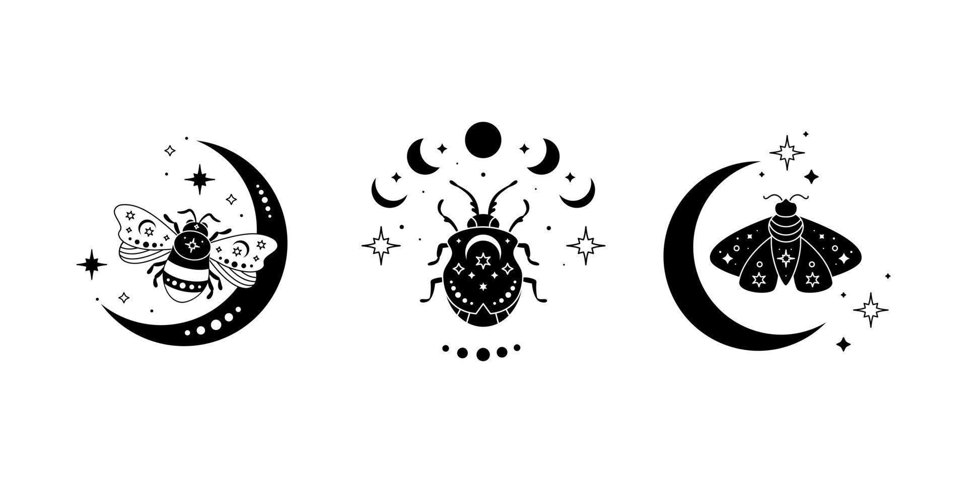 Celestial butterfly, bee and bug vector illustration set. Black silhouette.  Magic insect