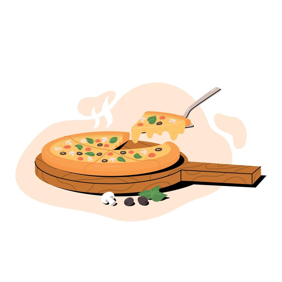 Italian pizza with slice on knife. Pizza with champignon mushrooms, cherry tomatoes, olives, basil and cheese vector