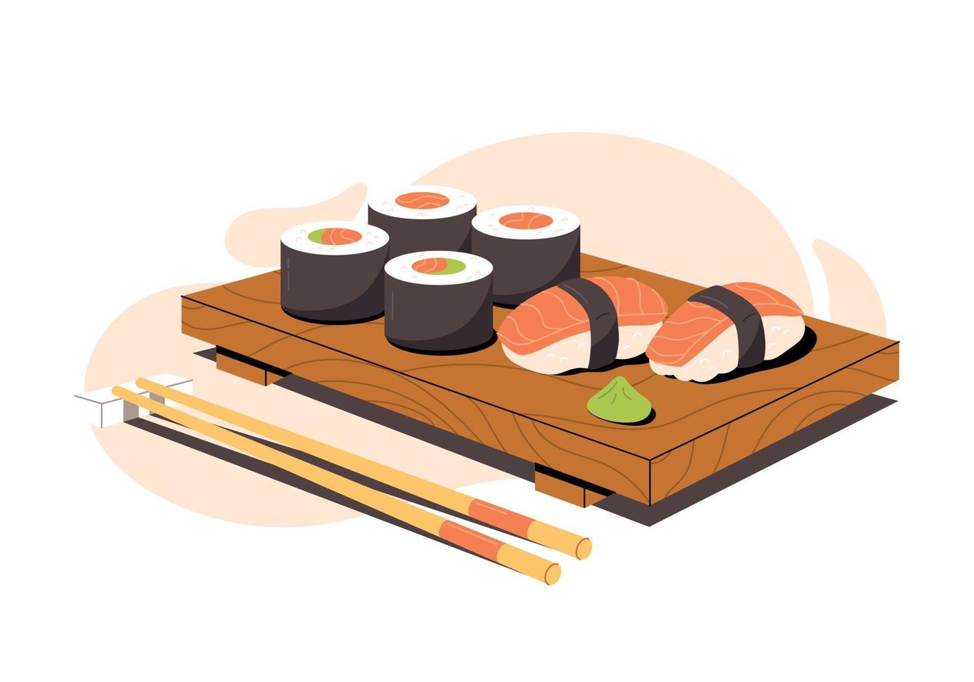 Vector illustration of sushi and sashimi. Asian food sushi on wooden board with sushi