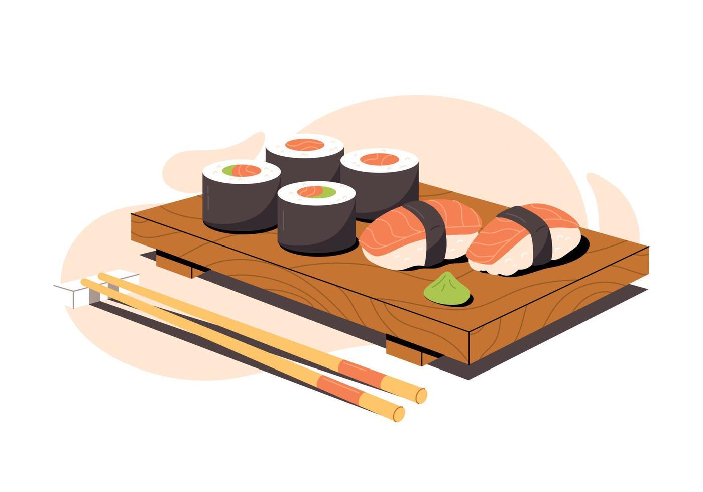 ilustración vectorial de sushi y sashimi. sushi de comida asiática en tablero de madera con sushi vector