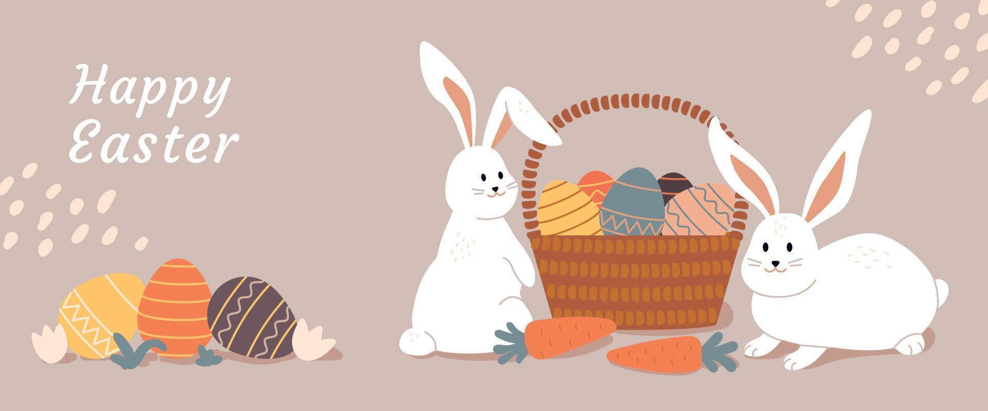 Happy Easter banner. Trendy Easter design with basket, eggs and cute bunnies in scandinavian colors. vector