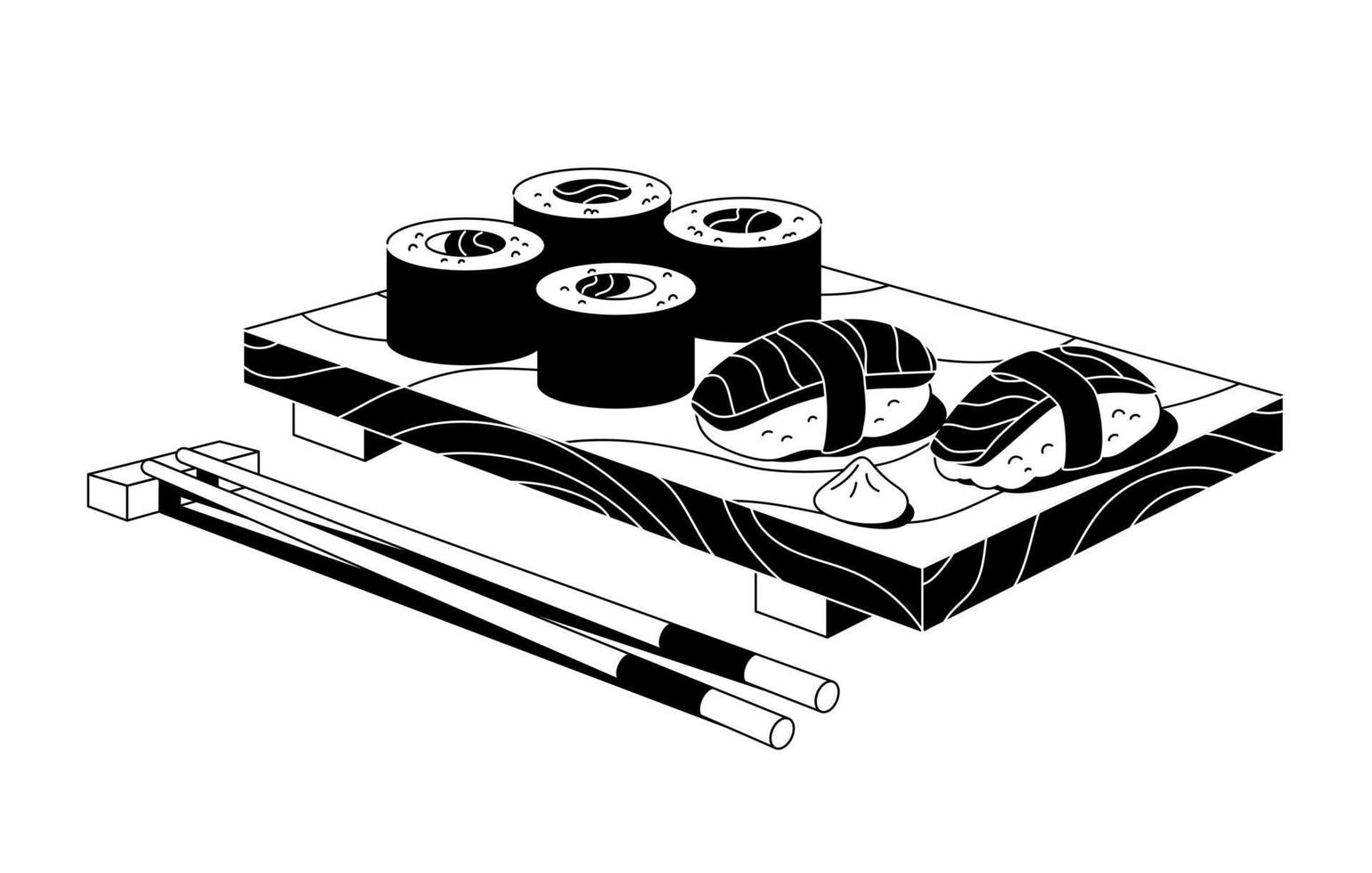 Vector black and white illustration of sushi and sashimi. Asian food sushi on wooden board