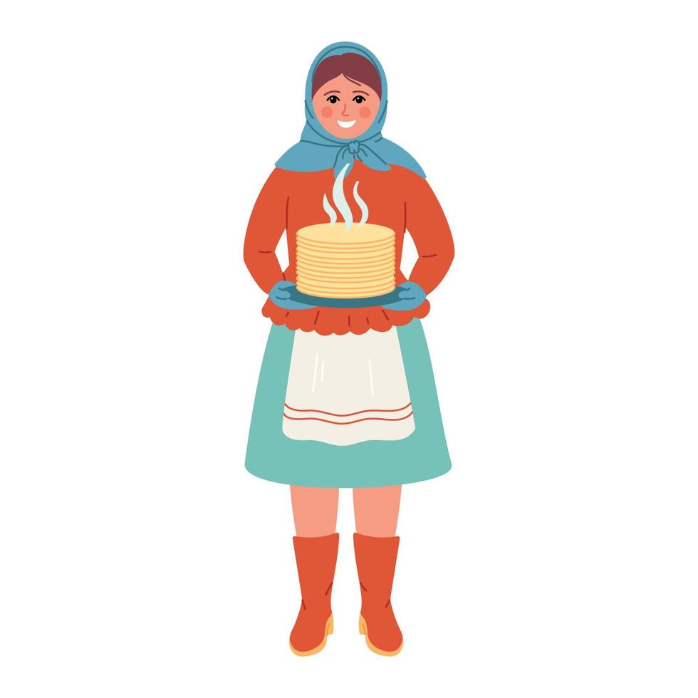 Maslenitsa or Shrovetide. Woman with pancakes and Russian tradition clothes. vector