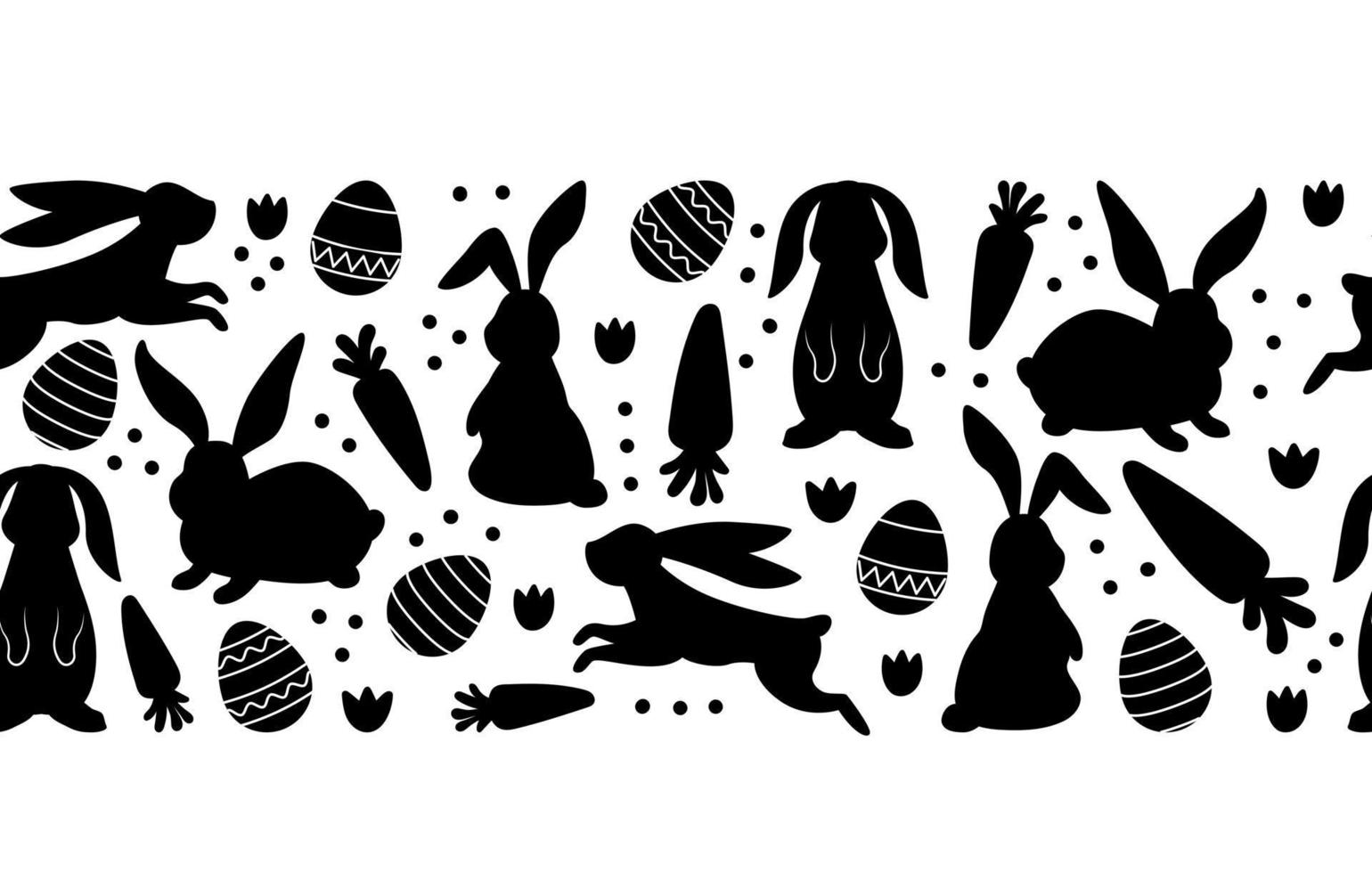 Happy Easter.  Horizontal seamless pattern with eggs, carrots, flowers and bunnies. Black and white silhouette vector