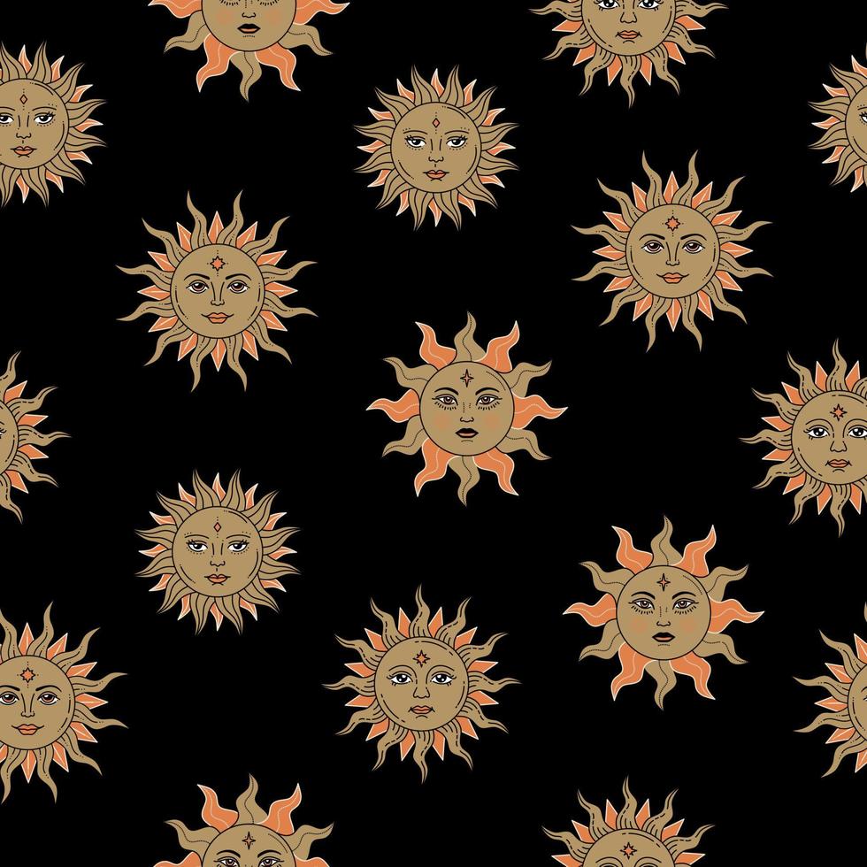 Sun with face Vintage Seamless Pattern. Magic celestial Background vector