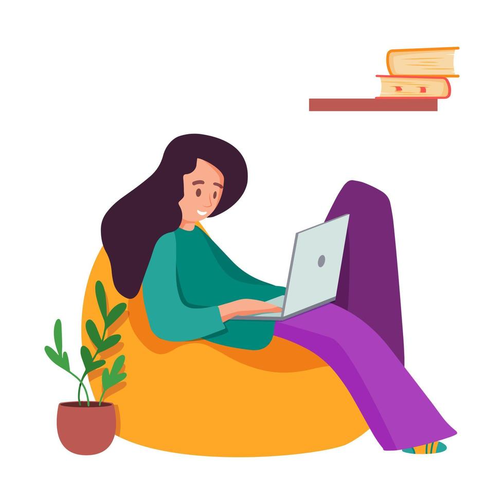 Vector illustration girl with laptop sitting on the pouf at cozy home. Freelance or studying and working at home concept design.  Female daily lifestyle flat style isolated on white background.