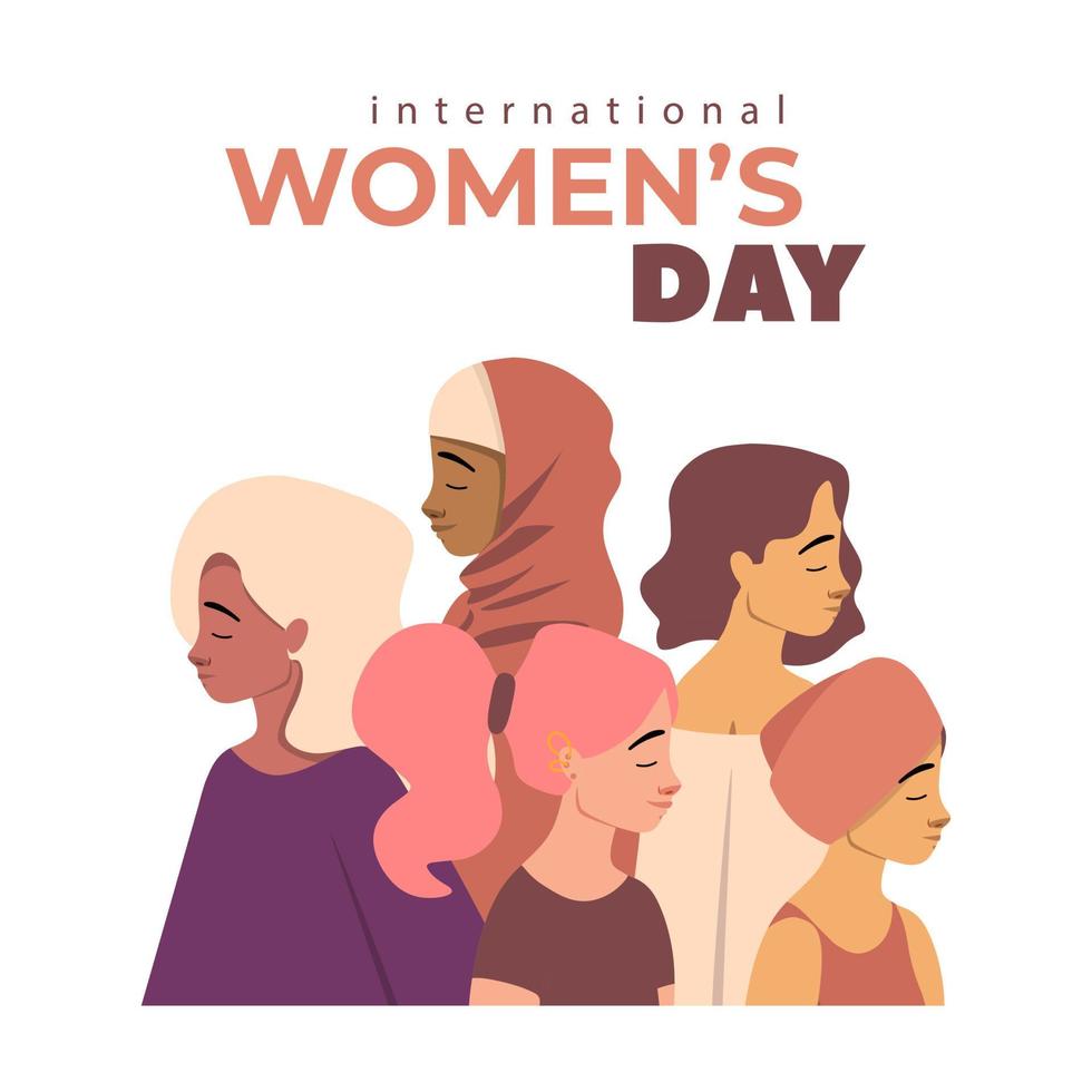 International women day diversity design concept. Women friendship, union of feminists or sisterhood. Group of girls different nationalities and cultures standing together. vector