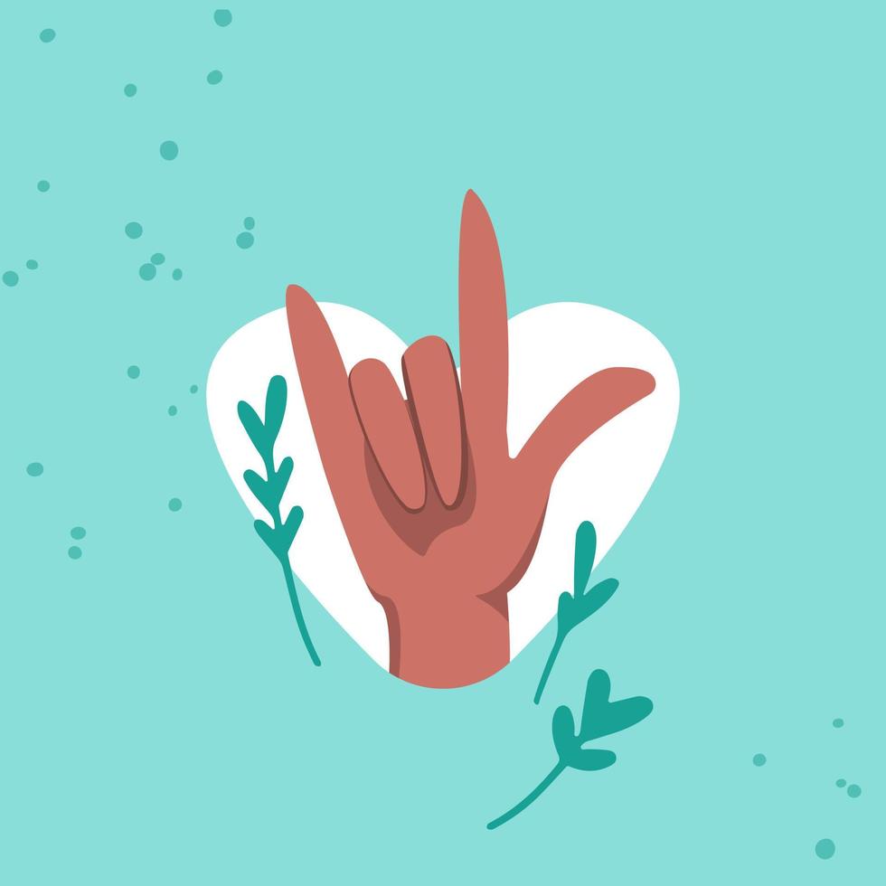 Vector I love you hand sign with heart design. Creative valentine day card with inclusive hand, heart and branches element design.