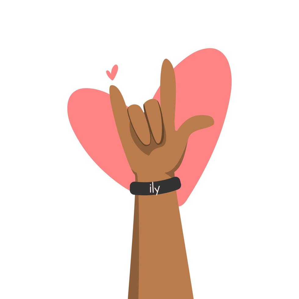 Inclusive raised hand with i love you sign . ILY black bracelet on the hand. Vector Valentine day card design. Pink heart and hand gesture isolated on the white background.