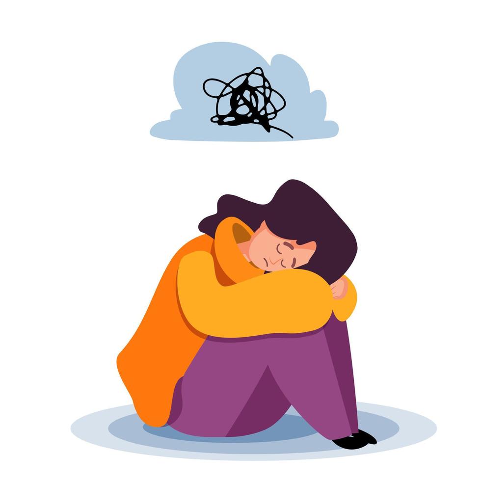 Depressed girl sitting on the floor holding her knees in sad mood. Mental health issues, burnout, depression flat illustration. vector