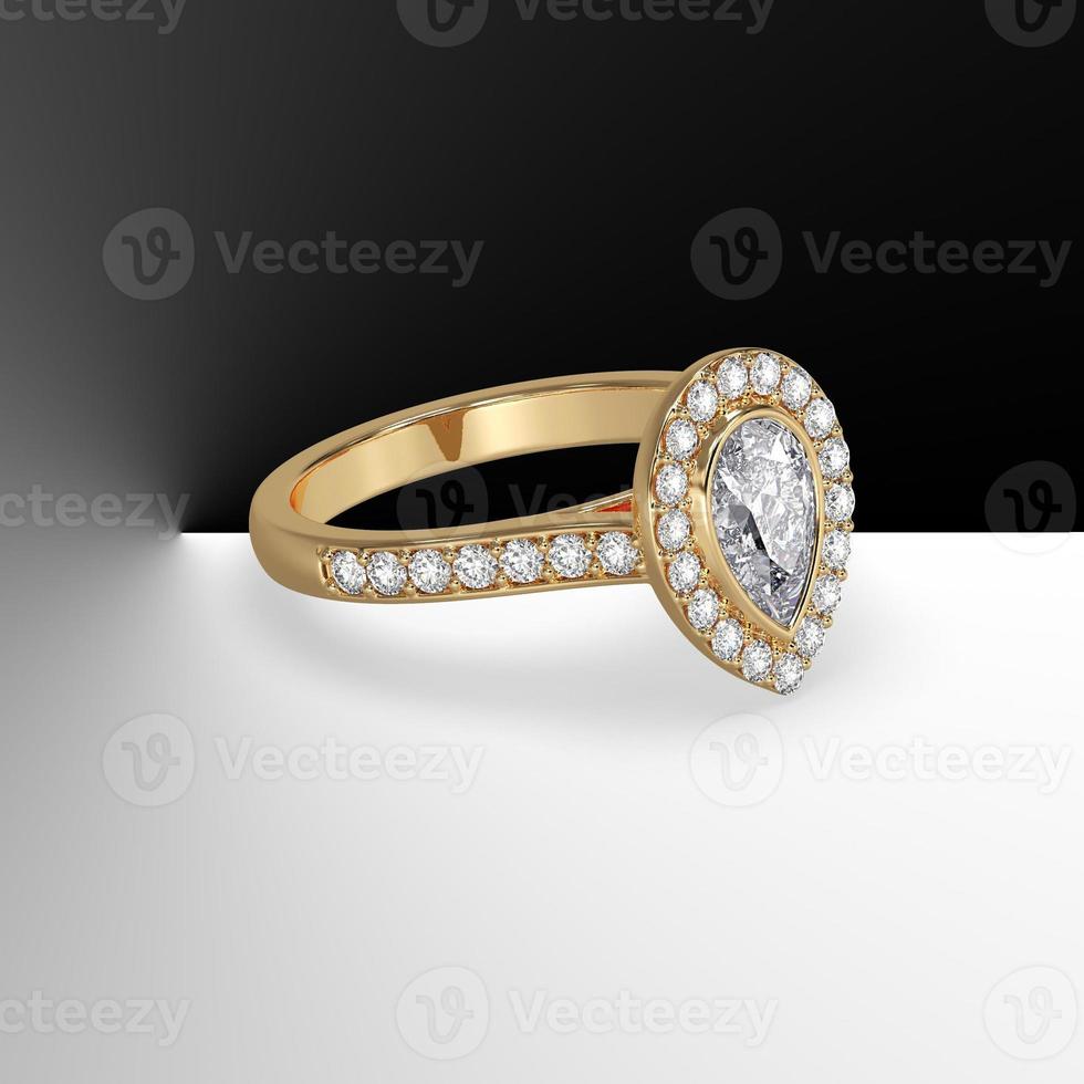 pear diamond bezel set cathedral style with side stones in yellow gold 3d render photo