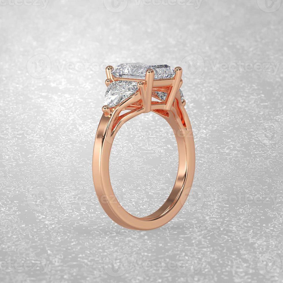 3 stone engagement ring standing position in rose gold 3D render photo