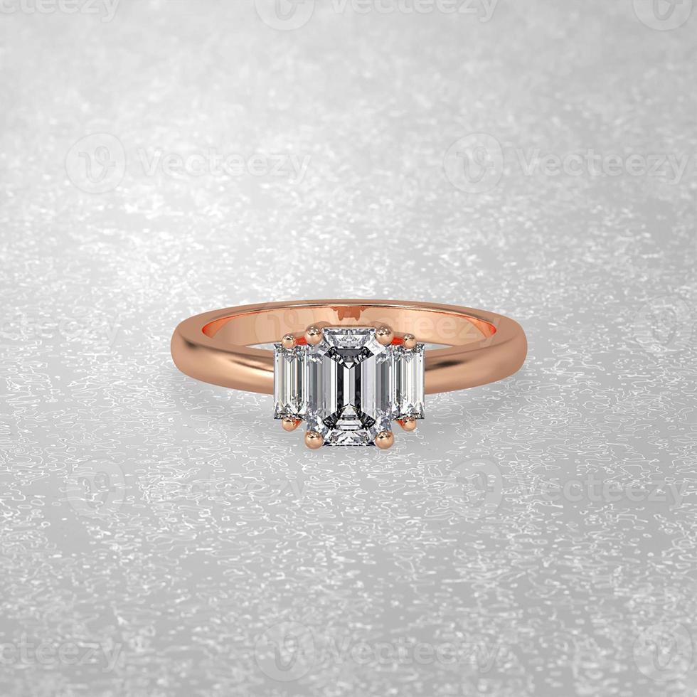 3 stone engagement ring laying down position in rose gold 3D render photo