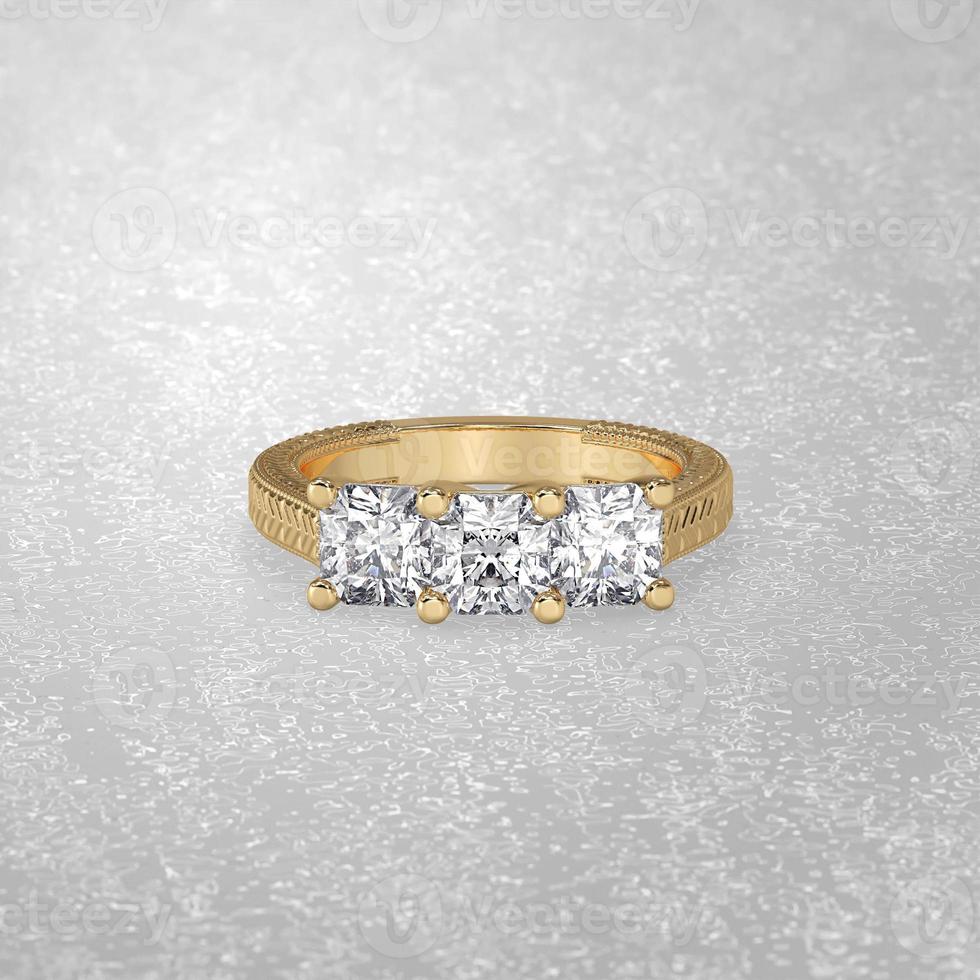 three stone engagement ring laying down position in metal gold 3D render photo