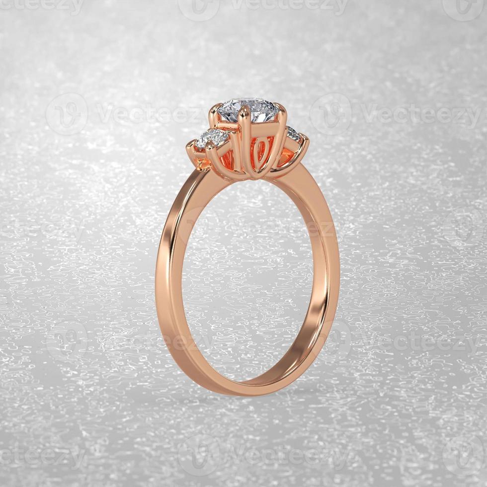 three stone engagement ring standing position in metal gold 3D render photo