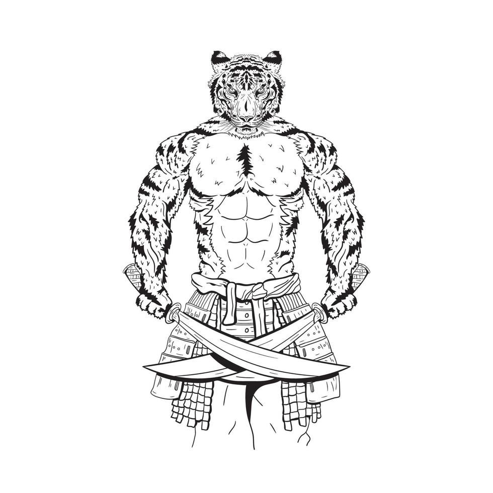 Illustration vector graphic of Strong Samurai Tigerman with two blades. Animal Mutant character. Hand drawn sketch black and white. Vector engraved illustration for T-shirts or adult coloring book