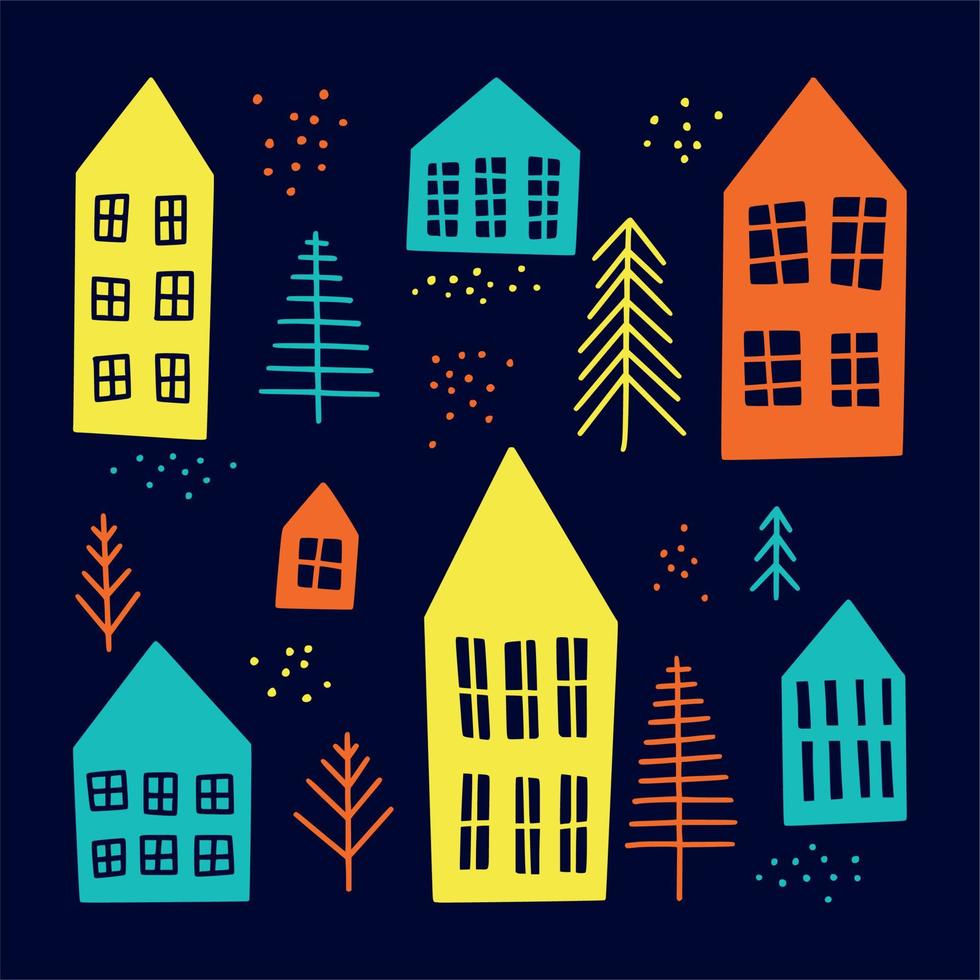 Silhouettes of European cute houses drawn by hand vector