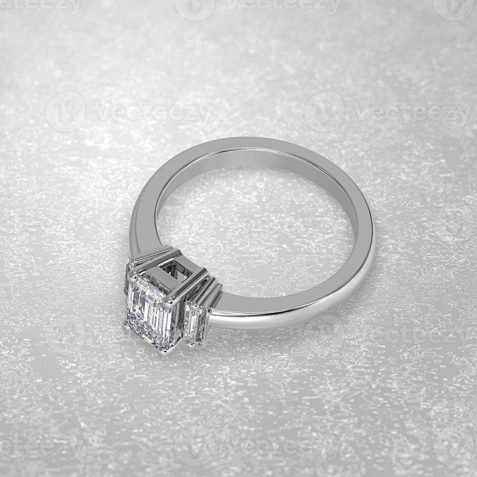 3 stone engagement ring laying down position in white gold 3D render photo