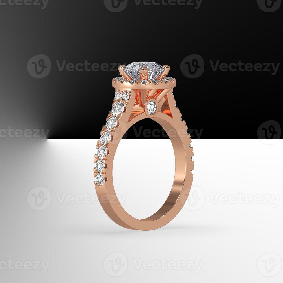 gold halo engagement ring with round center stone and side diamonds on shank 3d render photo