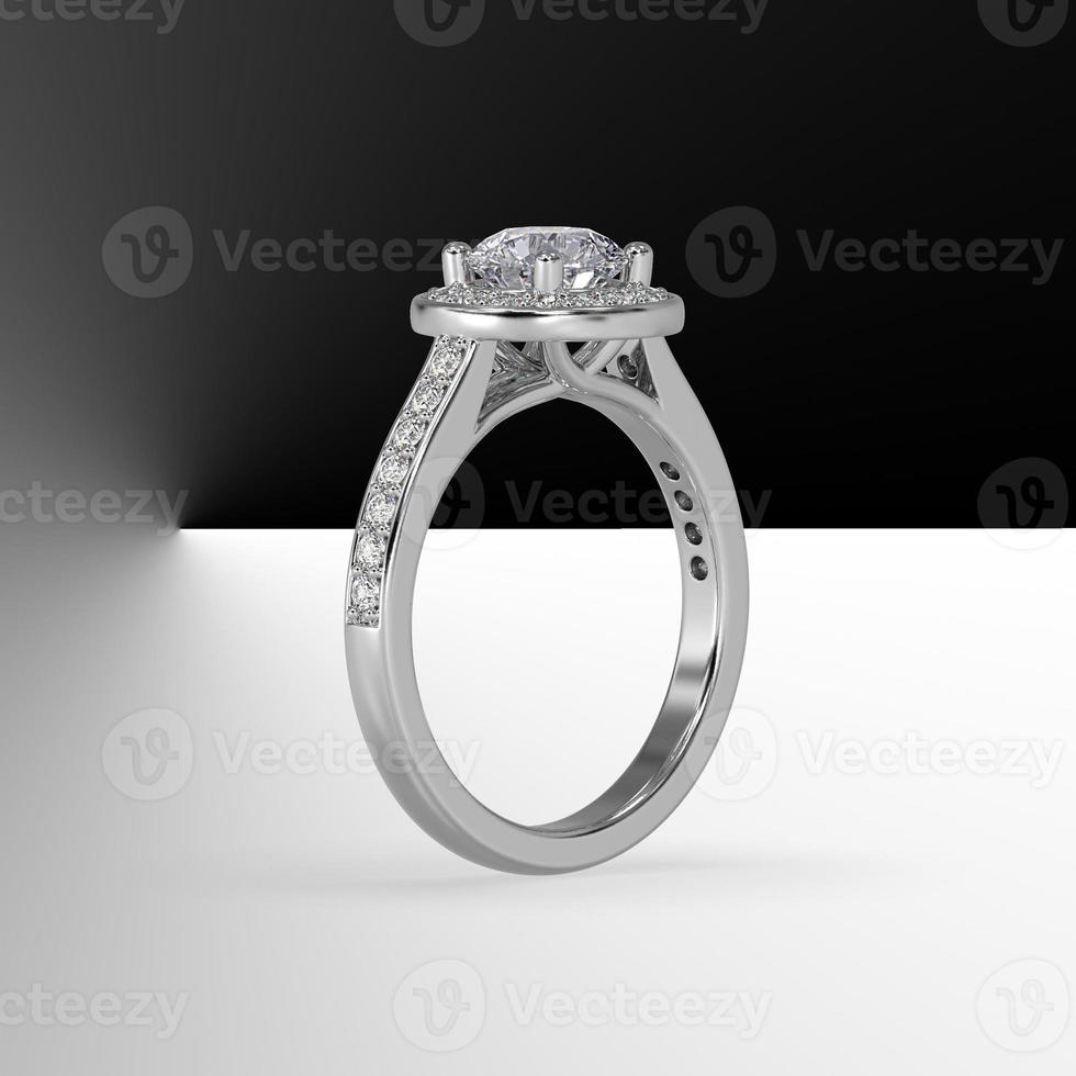 round diamond pave set halo with side pave set gems cathedral shank in white gold 3d render photo