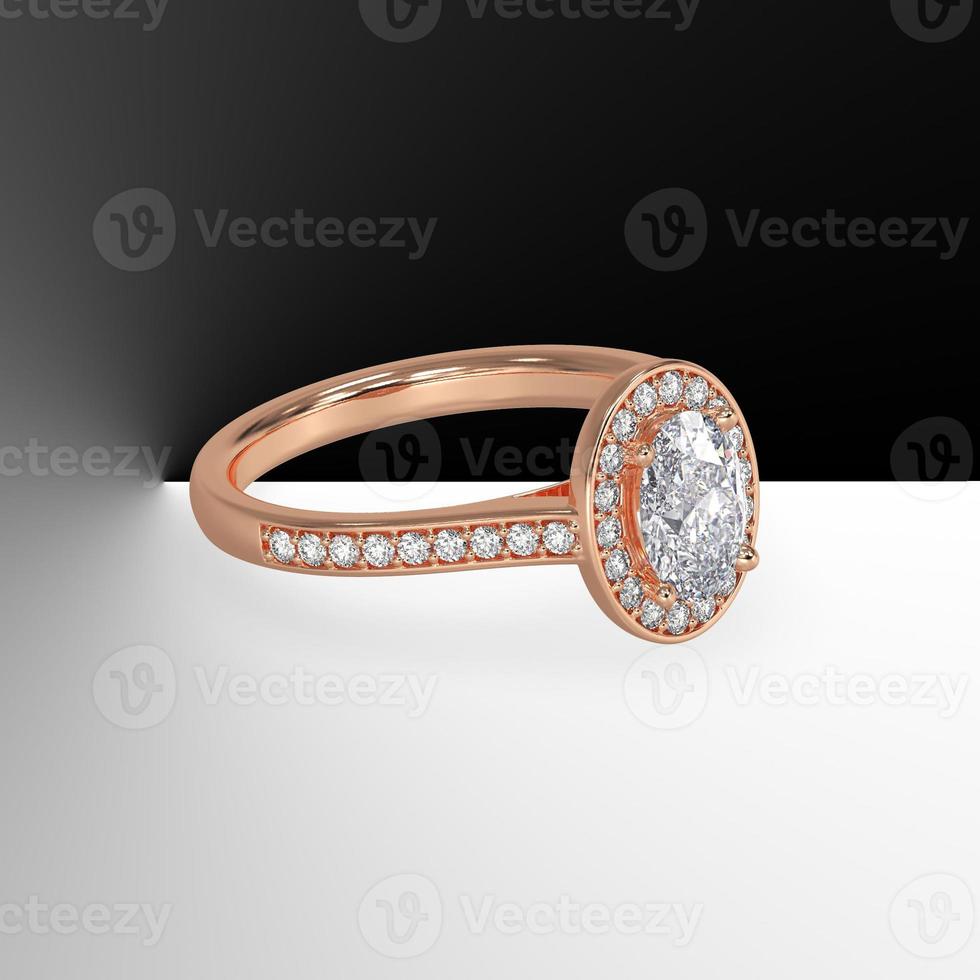 oval diamond pave set halo with side pave set gems in rose gold 3d render photo
