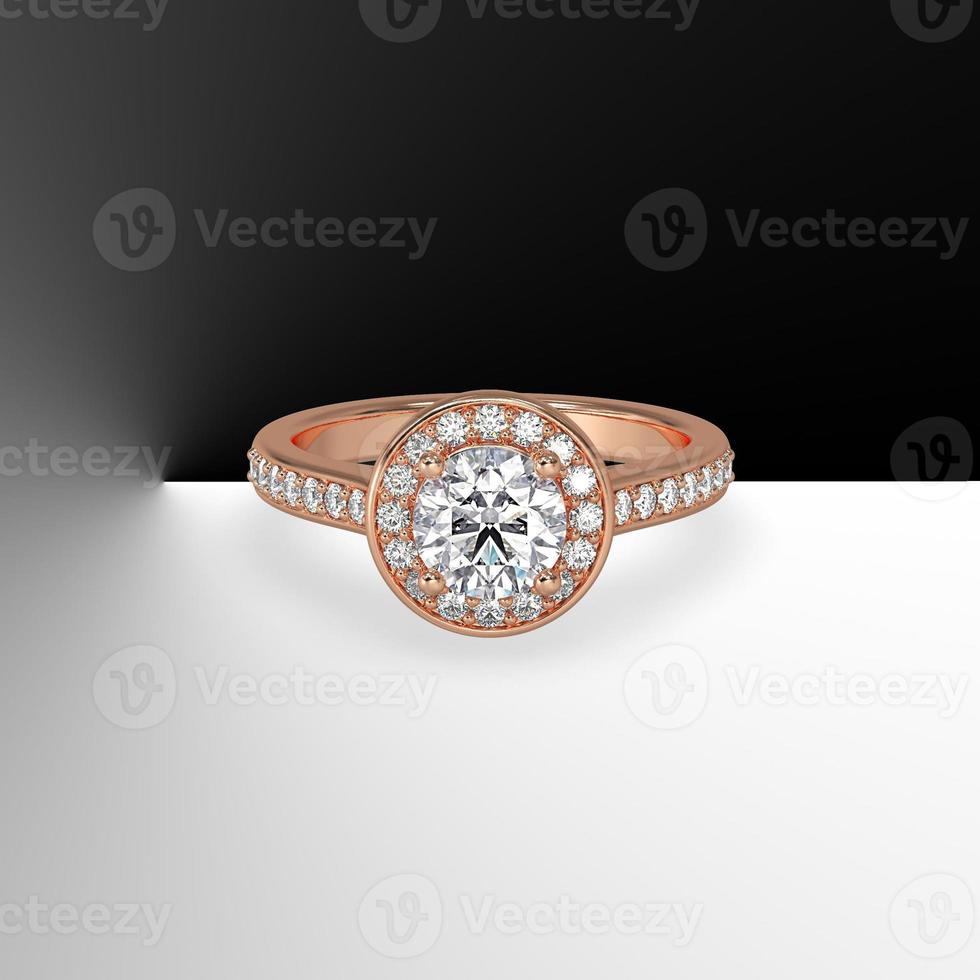 round diamond pave set halo with side pave set gems cathedral shank in rose gold 3d render photo