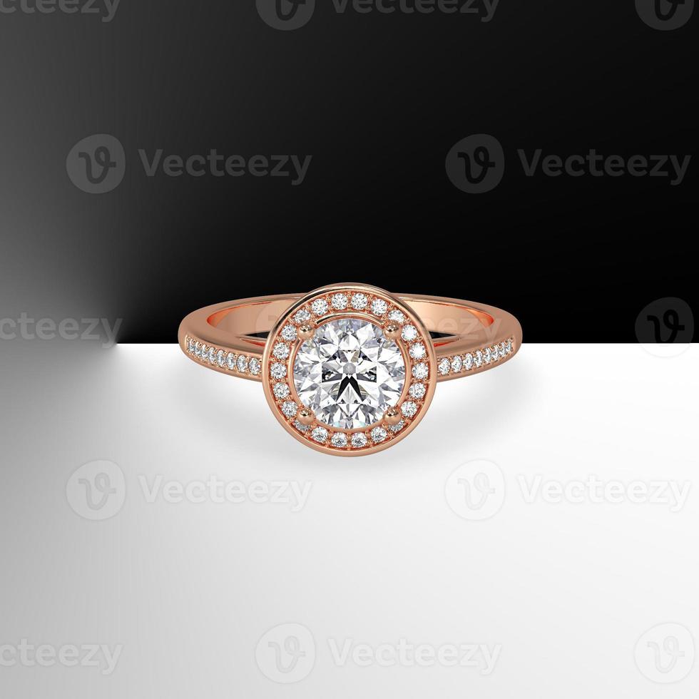 round diamond pave set halo with side pave set gems cathedral shank in rose gold 3d render photo