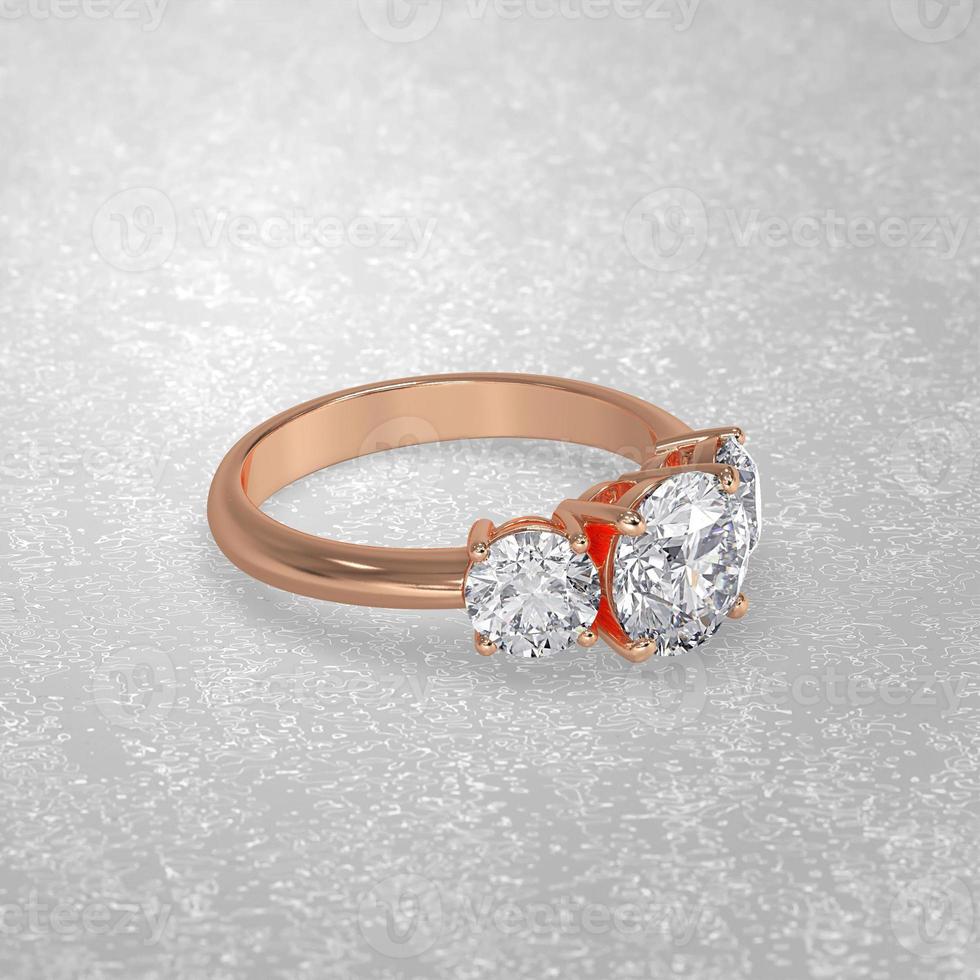 3 stone engagement ring laying down position in rose gold 3D render photo