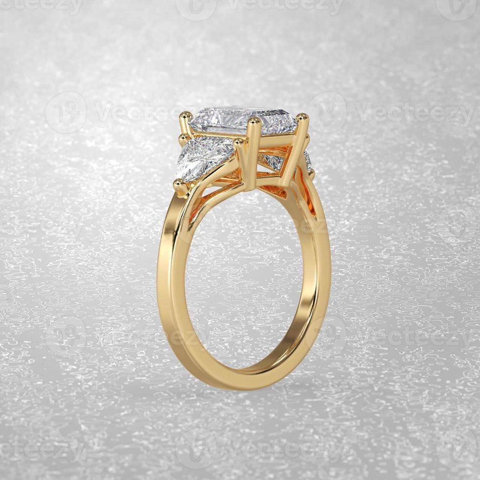 Anillo de compromiso de 3 piedras en posición de pie en oro amarillo 3d render foto