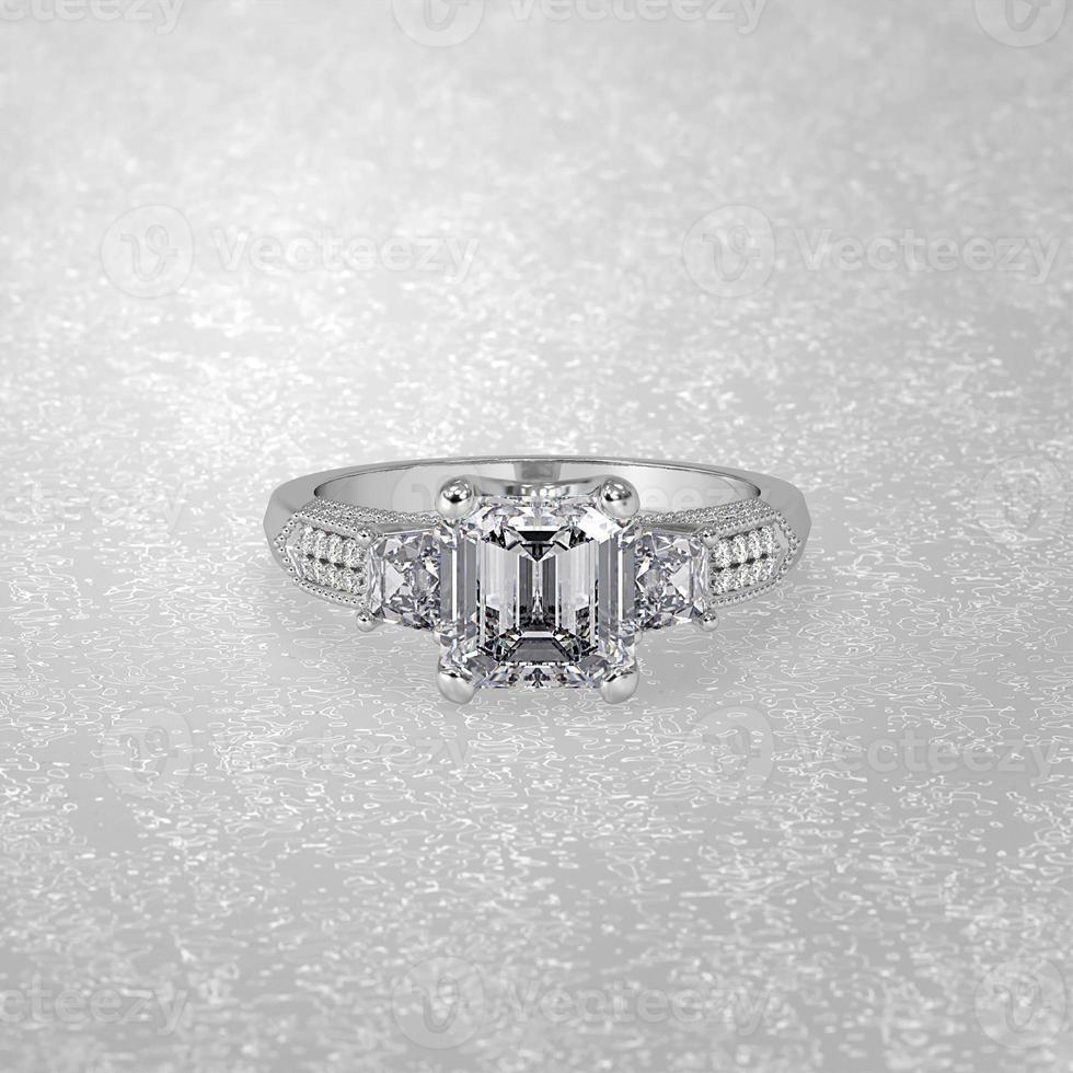 3 stone engagement ring laying down position in white gold 3D render photo