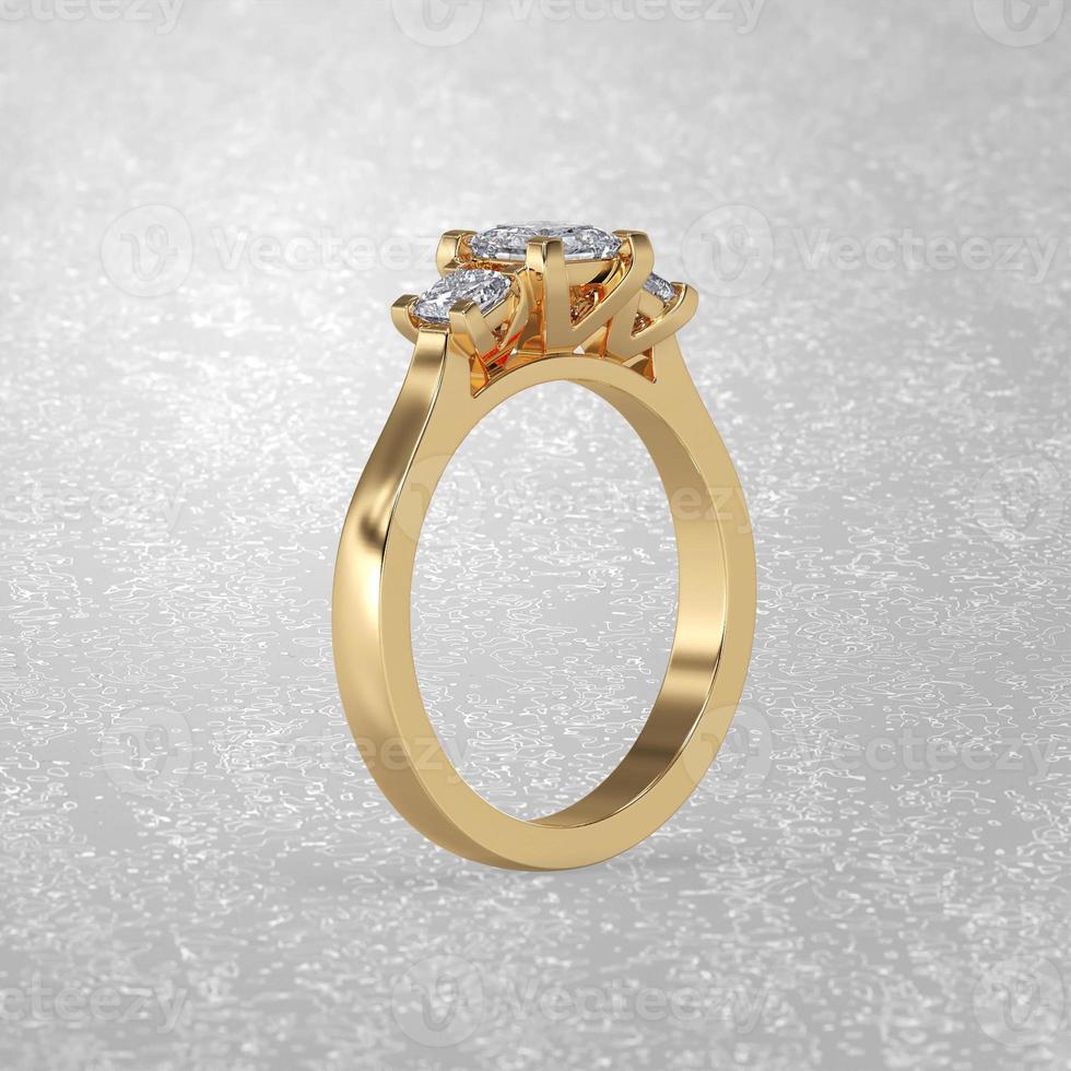 Anillo de compromiso de 3 piedras en posición de pie en oro amarillo 3d render foto