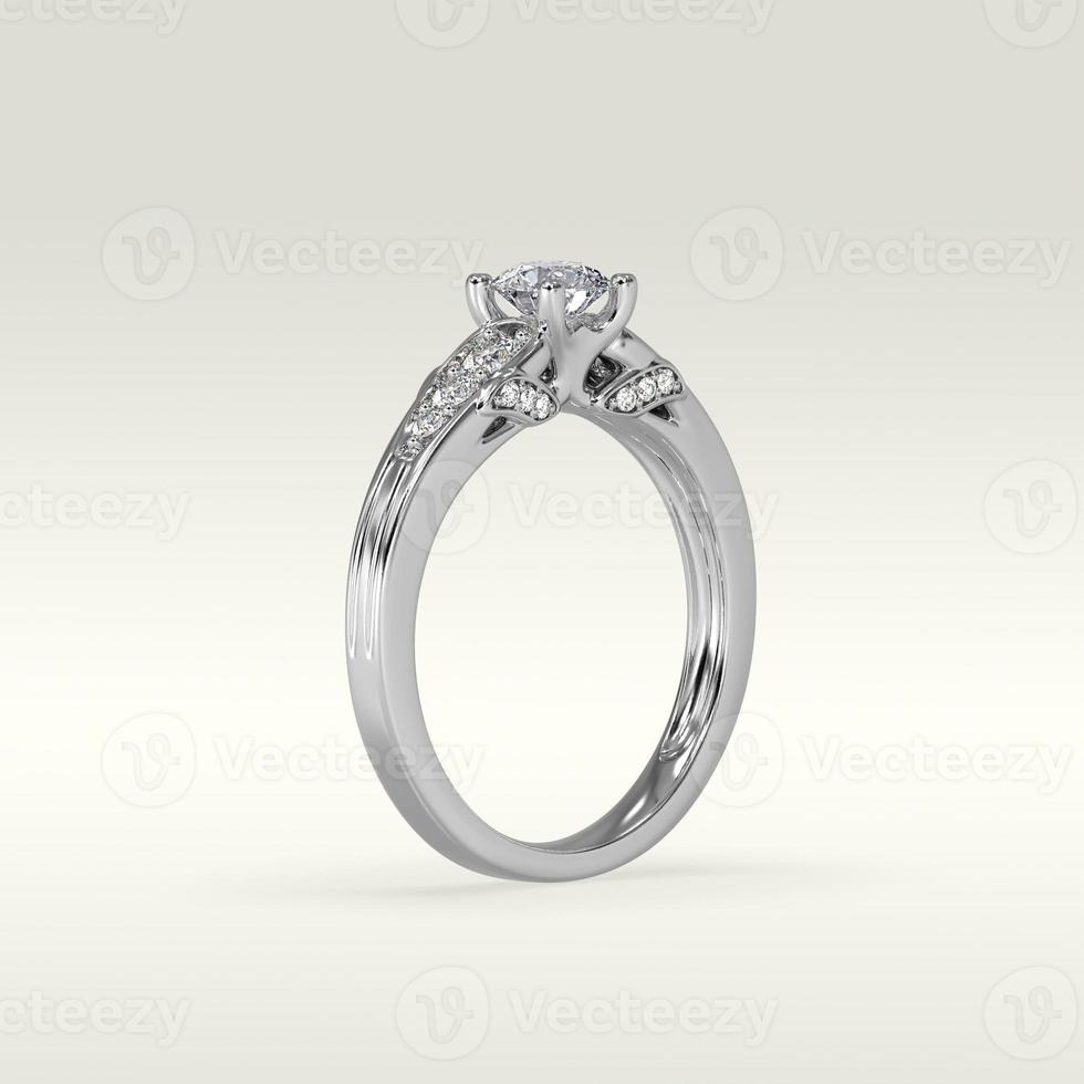 solitaire engagement ring standing position in metal gold 3D render photo