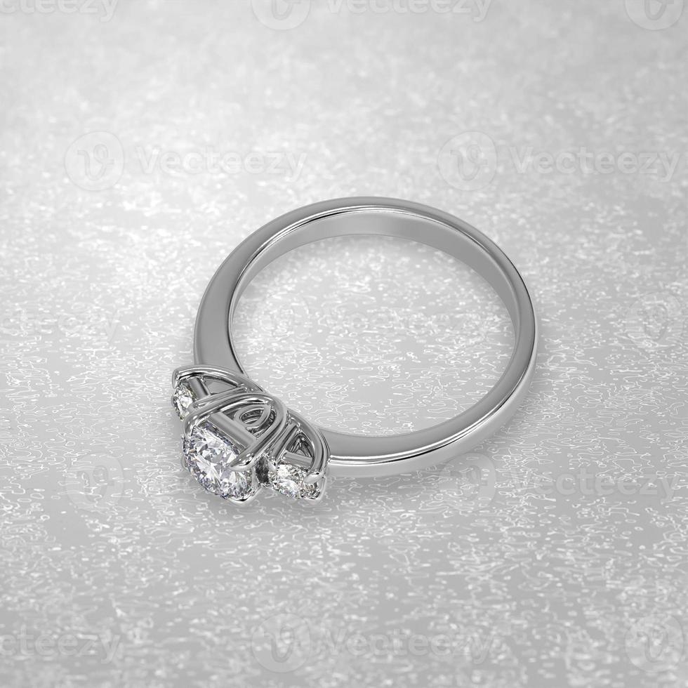 three stone engagement ring laying down position in metal gold 3D render photo