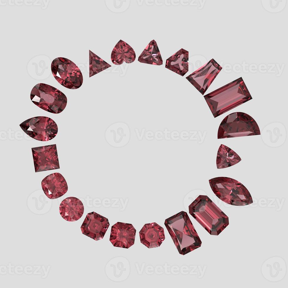 garnet color stone in all gem shapes 3D render photo