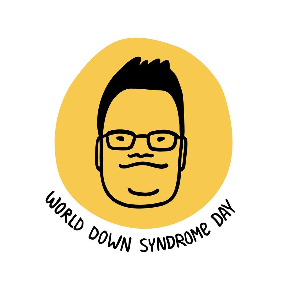 World Down syndrome day poster. Male face with text vector illustration. Portrait of man with trisomy 21.