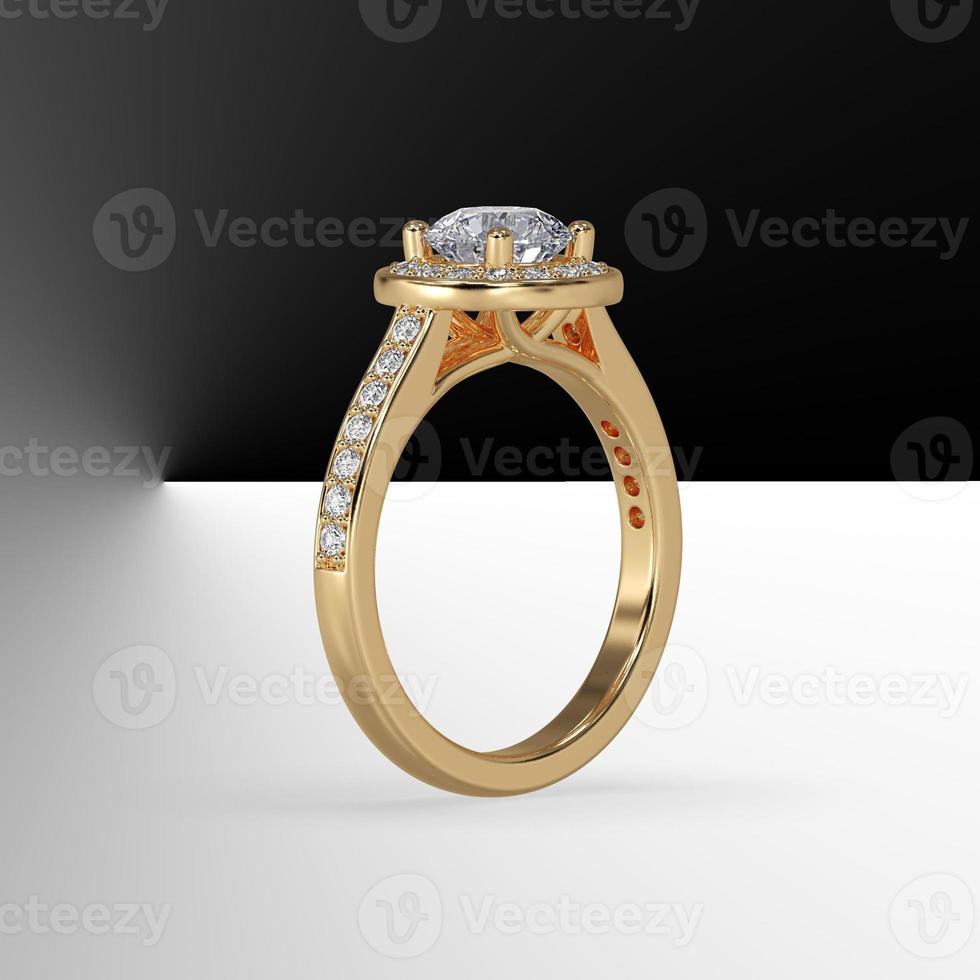 round diamond pave set halo with side pave set gems cathedral shank in yellow gold 3d render photo