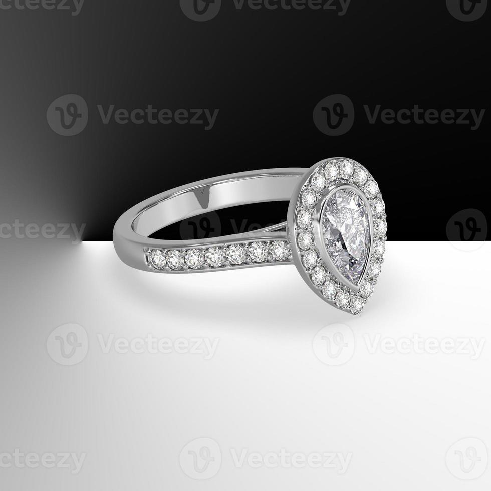 pear diamond bezel set cathedral style with side stones in white gold 3d render photo