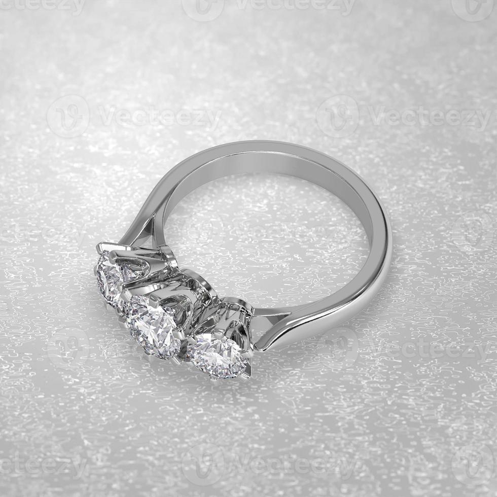 3 stone engagement ring laying down position in white gold 3D render photo