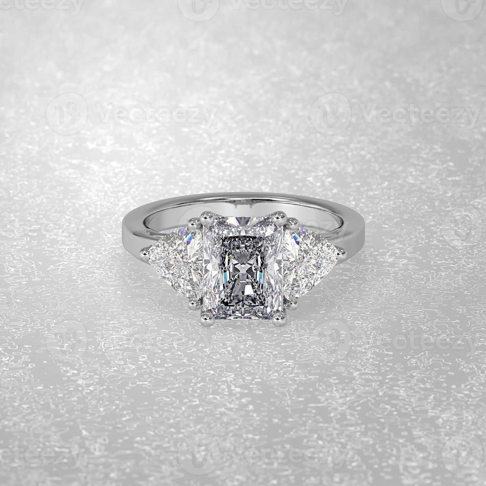 3 stone engagement ring laying down position in white gold 3D render photo