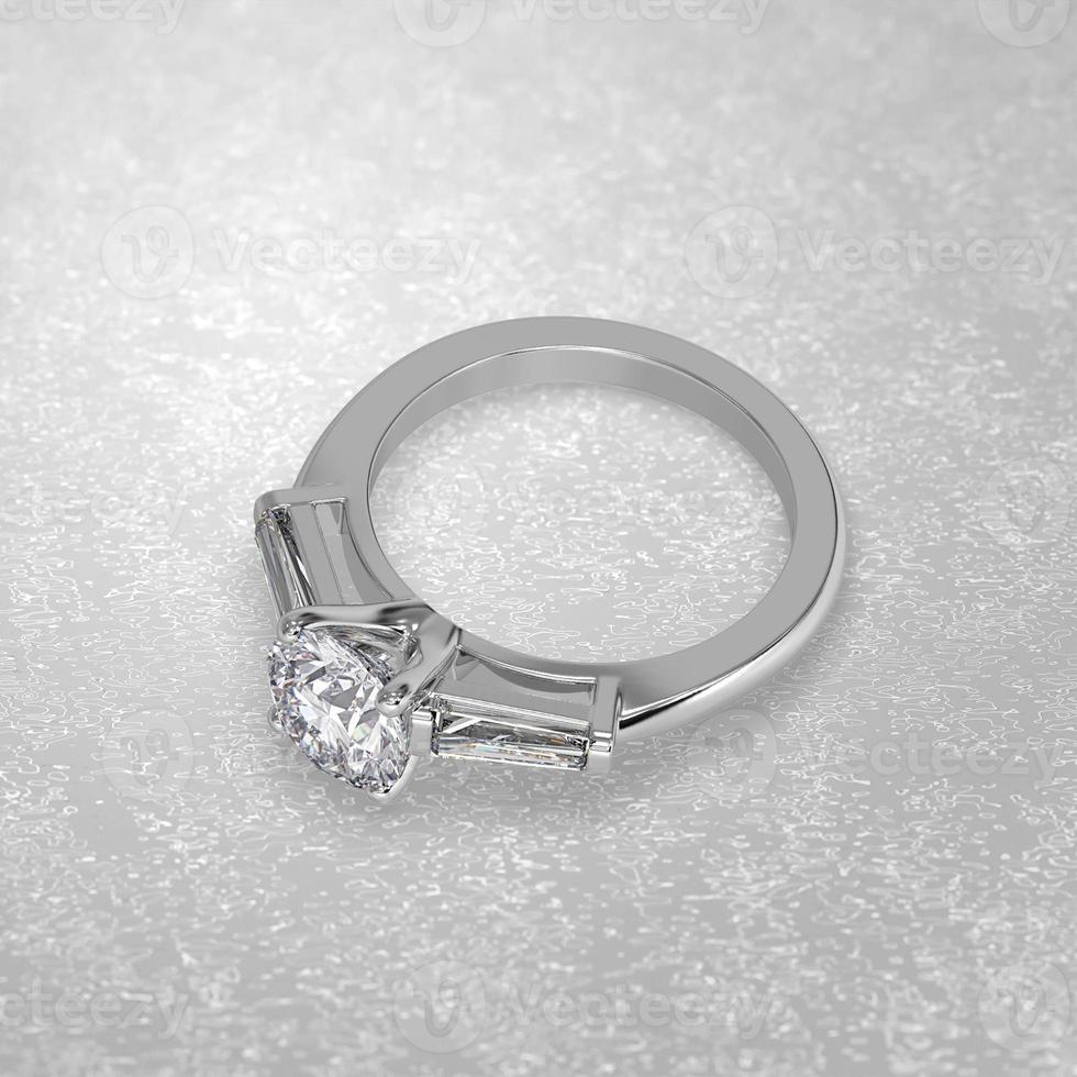 3 stone engagement ring laying down position in white gold 3D render photo