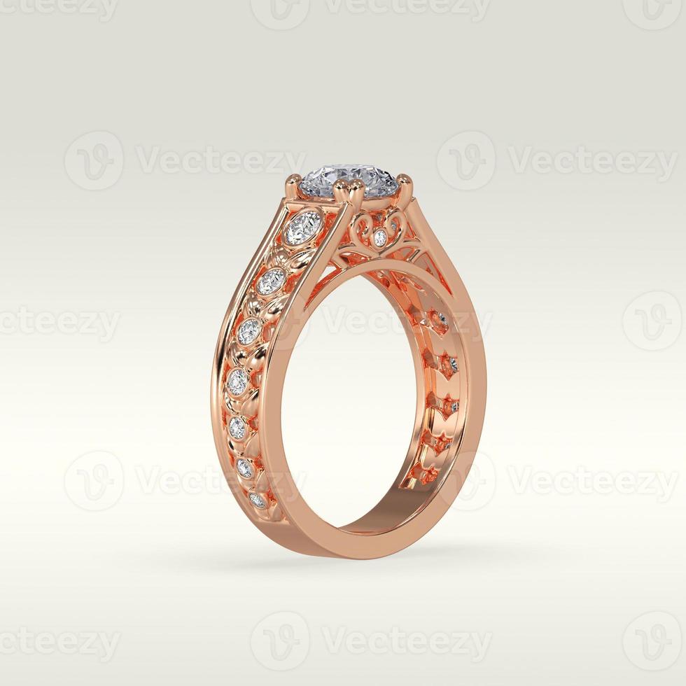 solitaire engagement ring standing position in metal gold 3D render photo