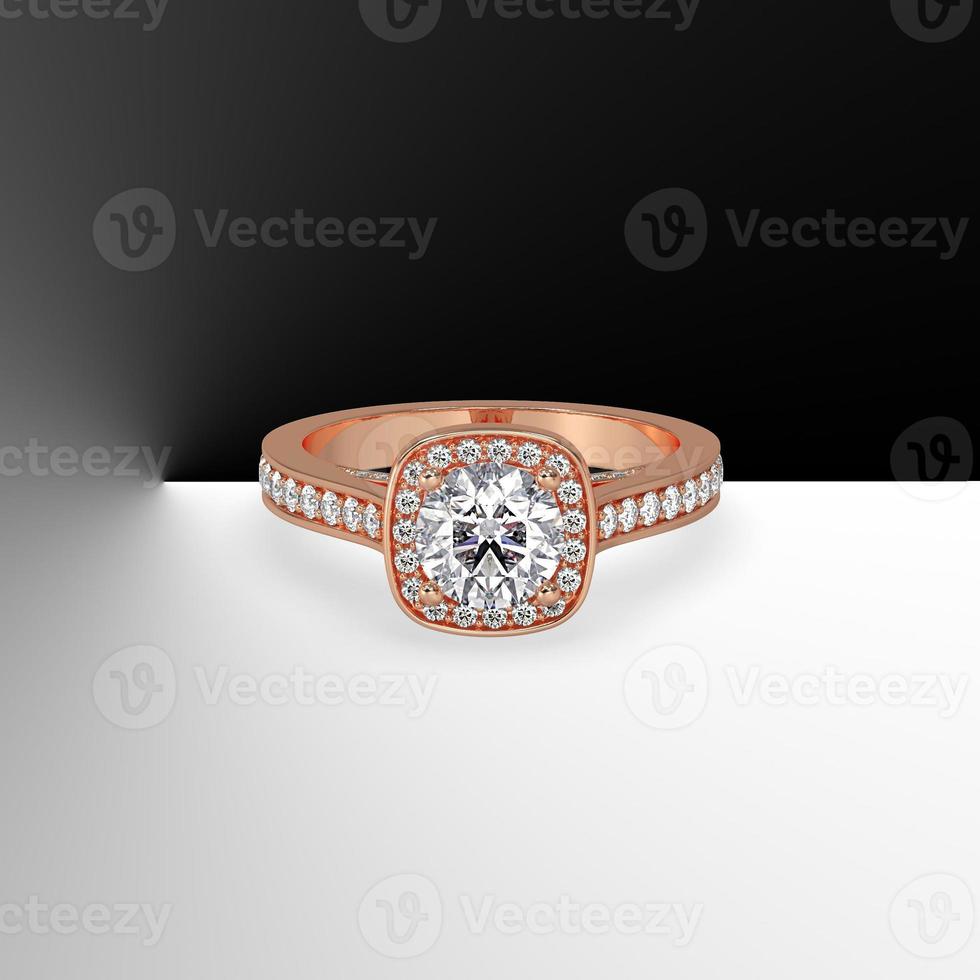 rose gold halo engagement ring with round center stone and side diamonds on shank 3d render photo