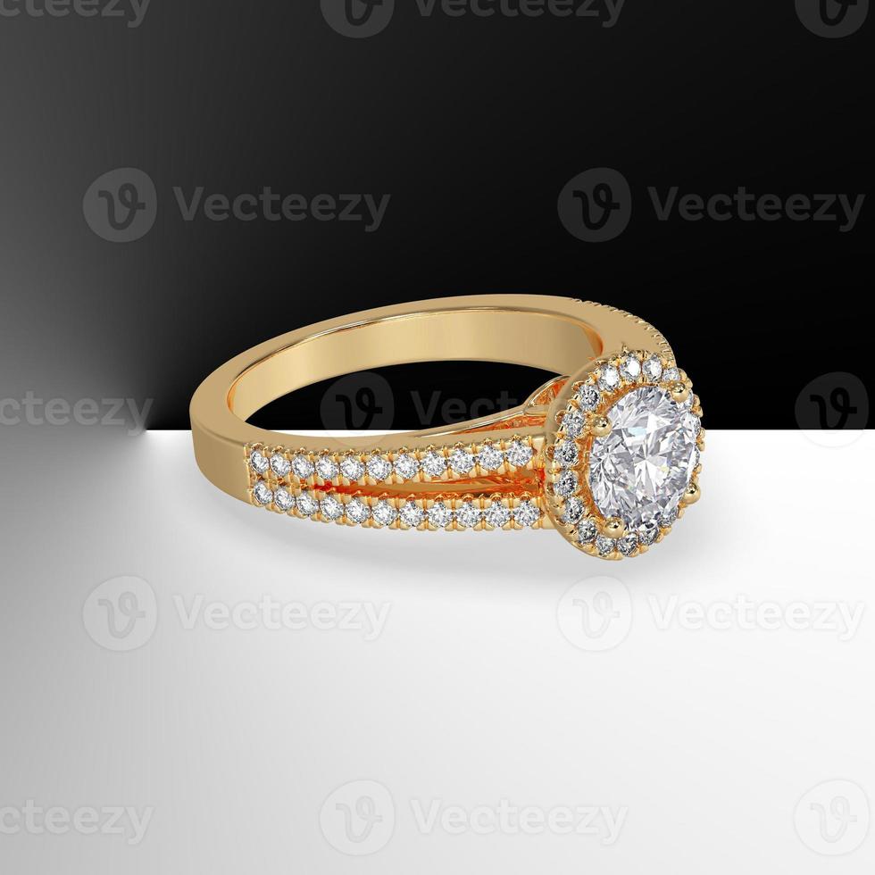yellow gold halo engagement ring with round center stone and split shank 3d render photo
