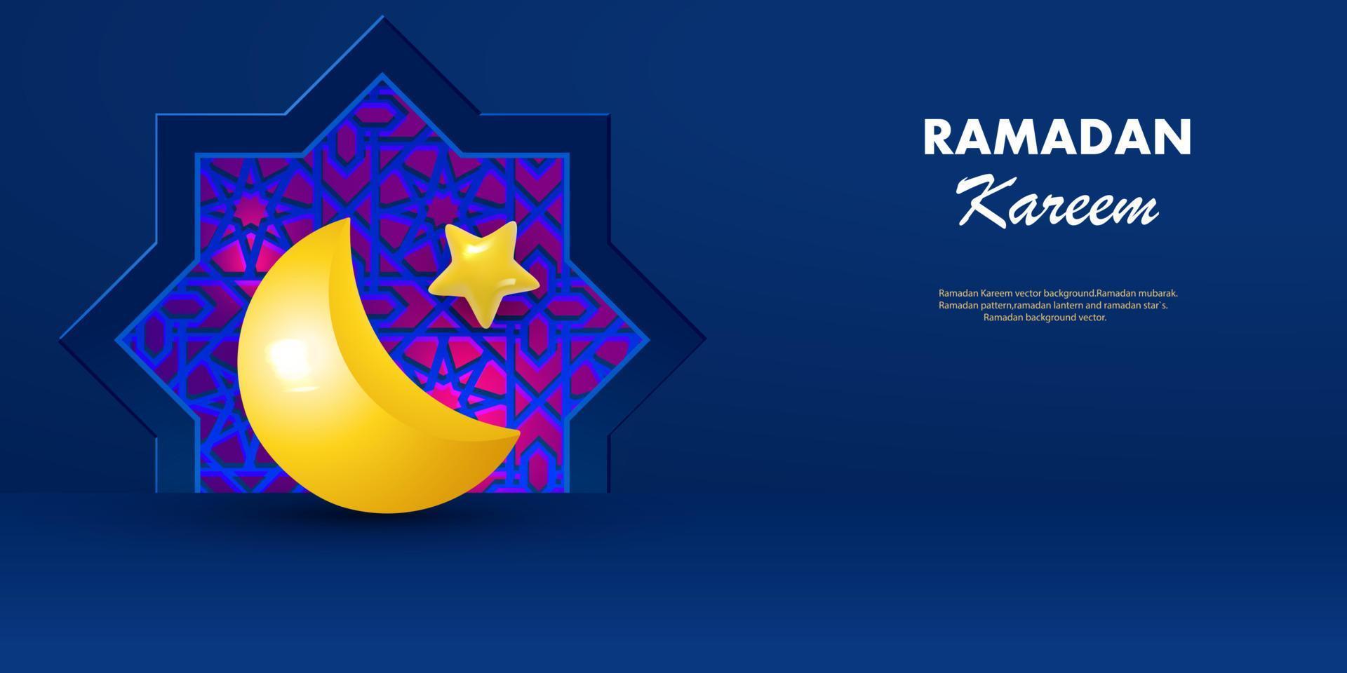 Islamic greetings ramadan kareem card design template background with beautiful arabesques, patterns and crescent moon. Vector illustration.