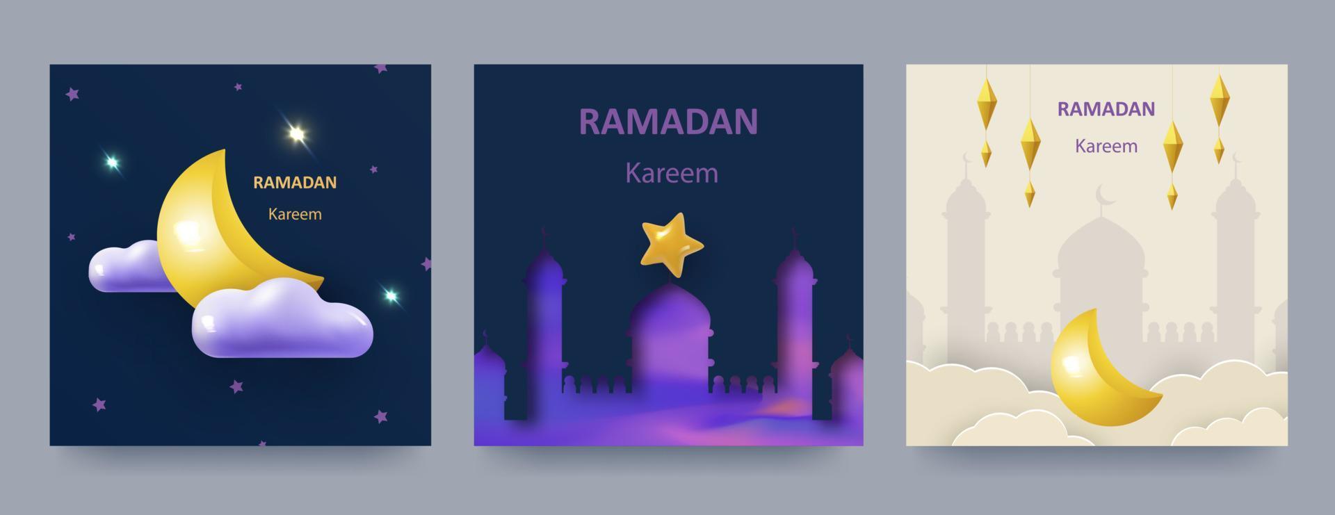 Ramadan Kareem poster or invitation set with 3d paper cut islamic mosques, stars and crescent moon on blue and light background. Vector illustration.